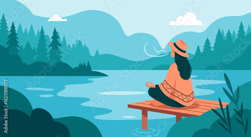 Mindful Serenity Female Silhouette Enjoying Peace By The Lakeside Scenery