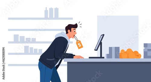 Man is shocked by the online price while biting a sale tag in a supermarket interior showing online price shock and retail illustration