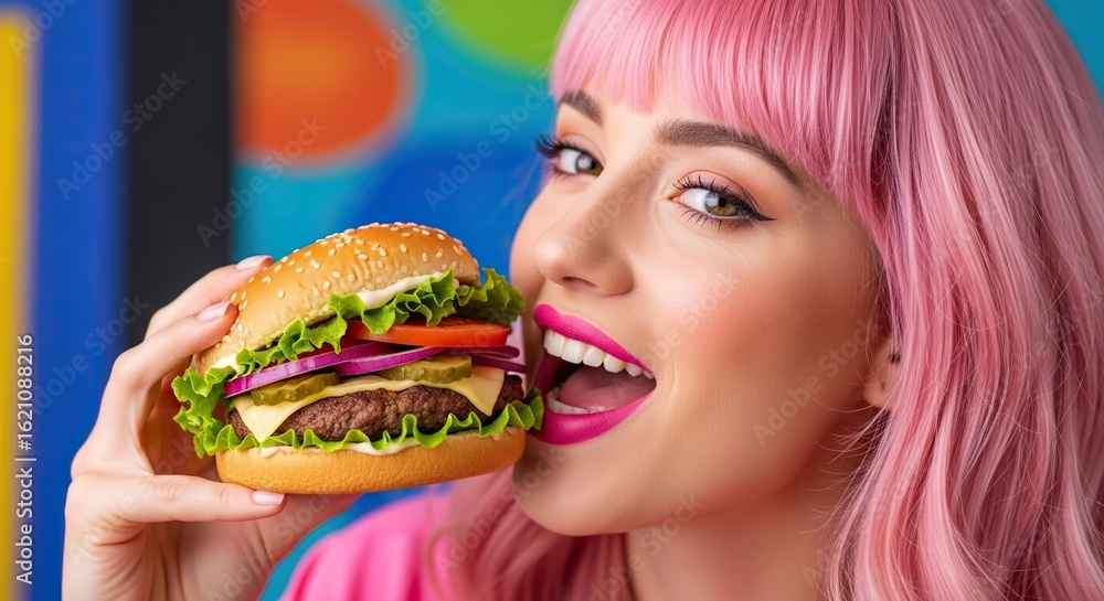 Woman with pink hair ready to eat a colorful burger.
Woman with pink hair ready to eat a colorful burger.