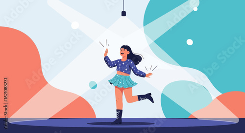 Joyful young woman dancing on stage under spotlight with abstract background