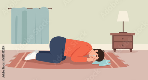 Man Kneeling Down Crying On The Carpet Feeling Depression And Sorrow Home