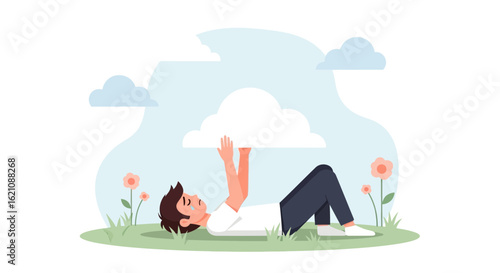 Man Lies On The Grass, Lifting A Cloud In A Moment Of Sadness