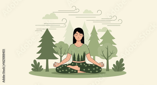Mindful Woman Practicing Yoga Outdoors Surrounded By Green Trees In Nature