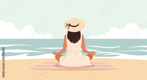 Mindful Woman Practicing Meditation on Beach During Peaceful Sunny Day