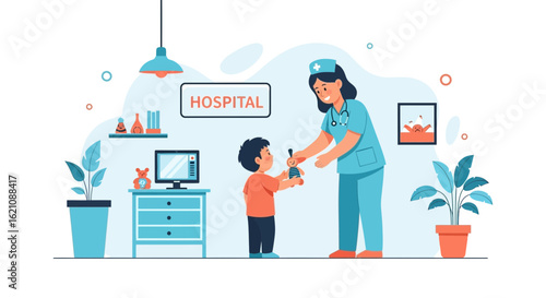 Kind Nurse Giving A Toy To A Sick Child At The Hospital Ward
