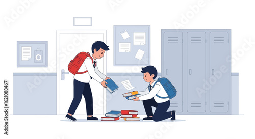 Kind Students Helping Each Other At School To Pick Up Books From The Floor