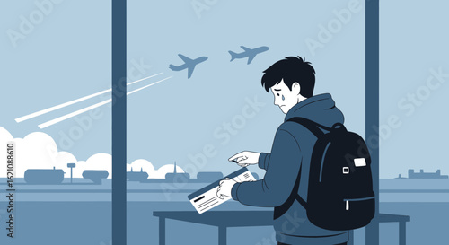Missed Flight Depicts Sadness in Airport Departure Lounge with Airplanes