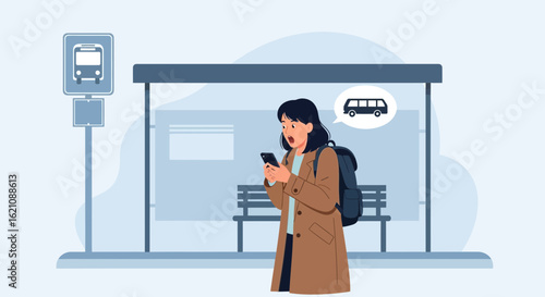 Missed The Bus Anxious Commuter Checking Her Phone At The Bus Stop