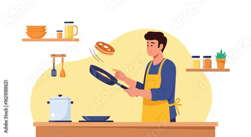 Man Making Pancakes In Kitchen Vector Illustration Trendy Home Cooking Concept