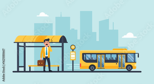 Missed The Bus Upset Businessman With Briefcase In Cityscape Background