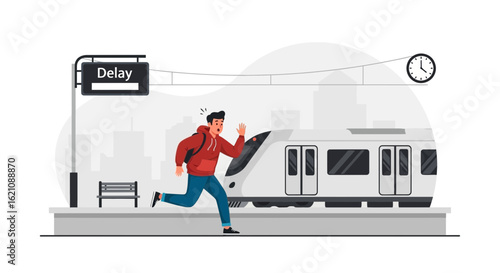 Late Commuter Running To Catch Departing Train At City Subway Platform