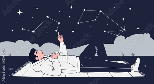 Man Observing Constellations Lying Under Night Sky Full Of Stars