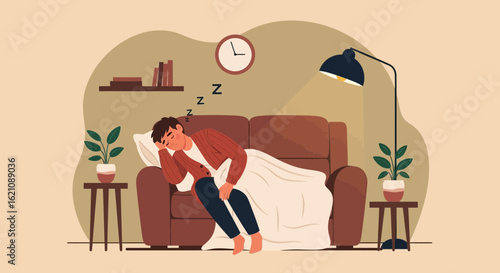 Lazy Afternoon Nap Resting Indoors On Cozy Sofa Illustration In Brown Tone