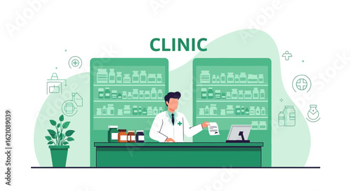 Modern Clinic Pharmacist At Counter Dispensing Medication Medical Profession