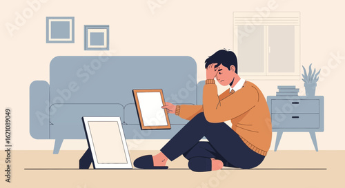 Man overwhelmed by the memories of lost love, feeling grief and sadness, holding picture frames sitting on the floor