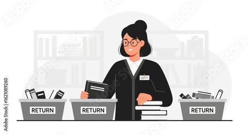 Librarian Organizes Returned Books In Library Sorting By Categories