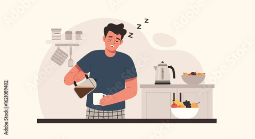 Man Pours Coffee Into Cup Morning Routine In Kitchen Sleepy And Tired