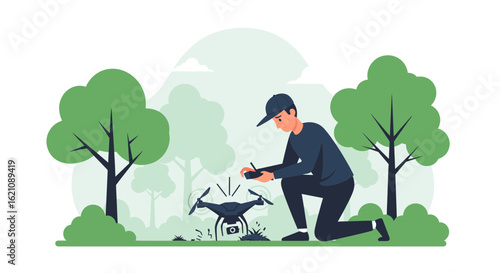 Modern Man Flying Drone Technology in Park Drone Operator in Nature