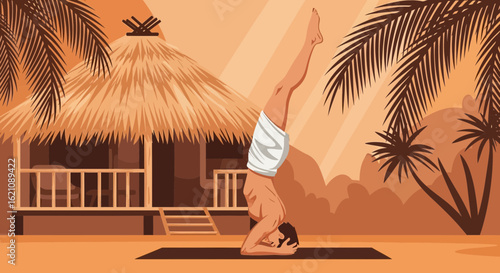 Man Practices Headstand Pose on Yoga Mat near Exotic Vacation Resort