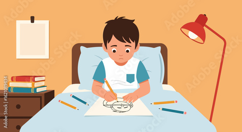 Little Artist Drawing in Bed Under Lamp Light Creating Artwork