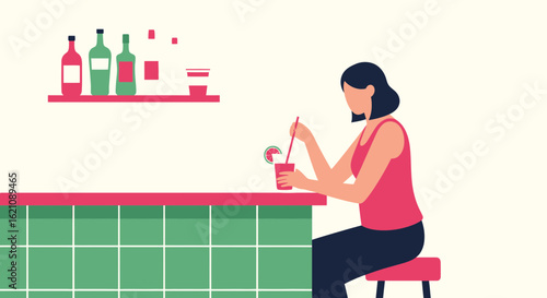 Modern Minimalist Illustration Of Woman Enjoying Refreshing Drink At Bar