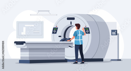 Modern Medical Scan Technology Man Operating Advanced Imaging Equipment