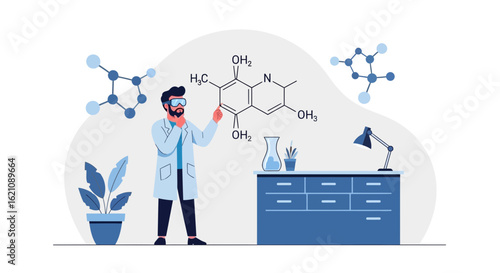 Modern Scientist Explaining Molecular Structure In Laboratory Research Background