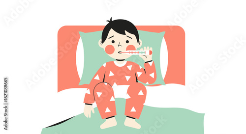 Little Boy Feeling Sick Holding Thermometer in Bed with High Temperature
