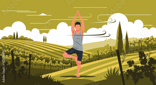 Man Practicing Tree Pose In Serene Vineyards Landscape For Well Being