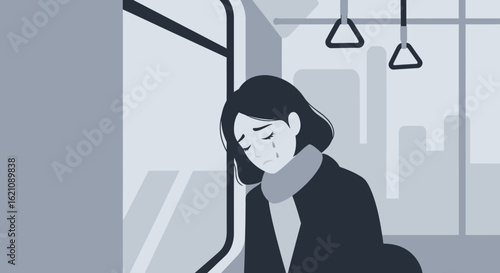 Monochrome illustration depicting a sad woman with tears commuting by train