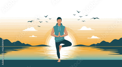 Man Practicing Yoga On the Sea Coast During Sunrise Or Sunset Illustration