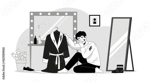 Monochrome illustration of a crying actor in a dressing room after performance