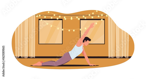 Man Practicing Yoga Stretch Pose With String Lights In A Studio Setting