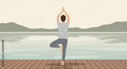 Man Practicing Yoga Tree Pose Near Lake Serenity and Tranquility