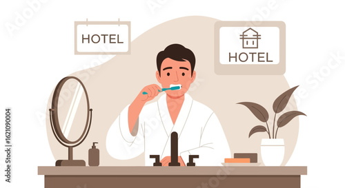 Morning Hotel Routine Featuring Man Brushing Teeth In Minimalist Style Art