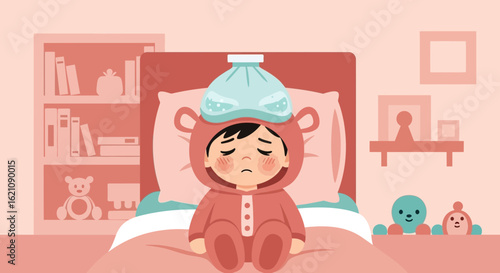 Little Boy With Cold Compress Lying On Bed Suffering From Fever And Illness