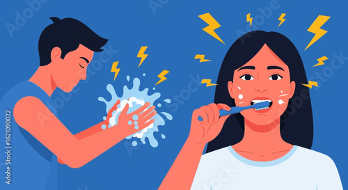 Morning Hygiene Routine Depicts Two Individuals Taking Care Of Their Personal Cleanliness