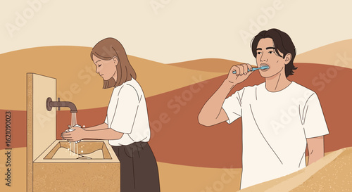 Morning Hygiene Practices Young Adults Washing Hands Brushing Teeth Flat Illustration