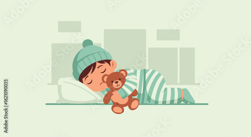 Little Child Comfortably Sleeping With His Toy In Bed At Night