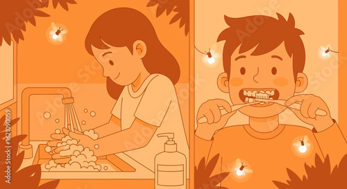Morning Hygiene Routine With Washing Hands And Brushing Teeth Illustration