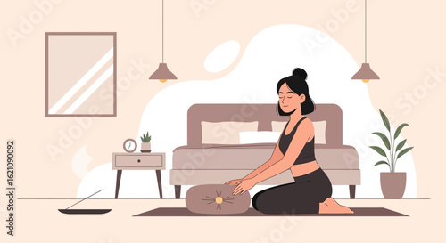 Morning Meditation In A Peaceful Bedroom Serene Woman Practicing Mindfulness
