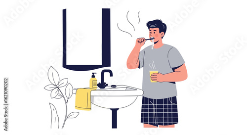 Morning Ritual Man Brushing Teeth Routine Oral Care in Bathroom Illustration