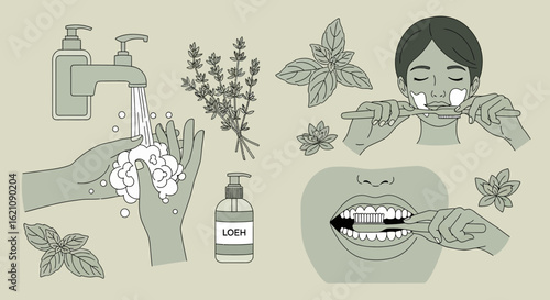 Morning Ritual Illustration Featuring Hygiene Practices and Herbal Elements