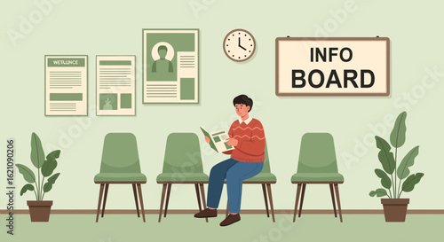 Man Reading Newspaper In The Waiting Room With Plants and Info Board