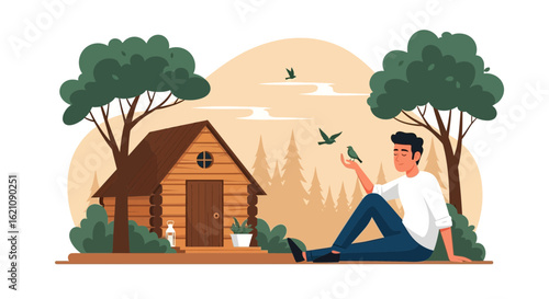 Man Relaxing In Nature With A Cabin And Birds Near A Forest Background