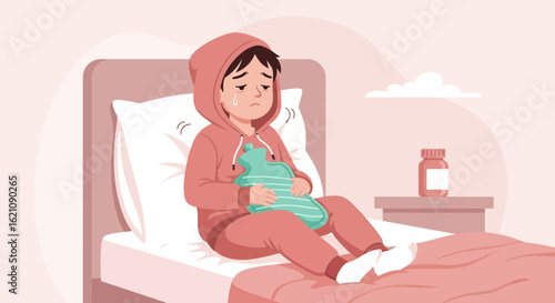 Lonely Child Sick In Bed Hugging A Hot Water Bottle For Comfort
