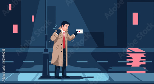 Man Receives Mysterious Letter Under Streetlight At Night In Detective Style