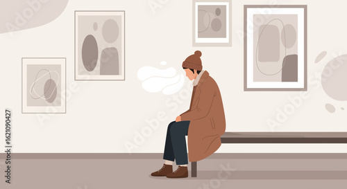 Lonely Spectator Considers Artwork At An Exhibition In Minimalist Style Design