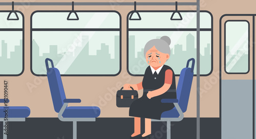 Lonely Senior Woman Riding Public Transportation With Expressive Sadness