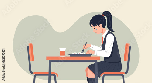 Lonely Student Having a Meal Alone in the School Cafeteria Looking Sad